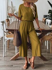SHEIN JORESS Holiday Casual Round Neck Loose Fit Linen-Look Shirt And Long Pants Two-Piece Set - Mustard Yellow - View 4