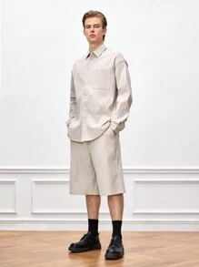 Mainfolk Men's Woven Casual Single-Breasted Solid Color Long Sleeve Shirt And Shorts Set - Apricot - View 6