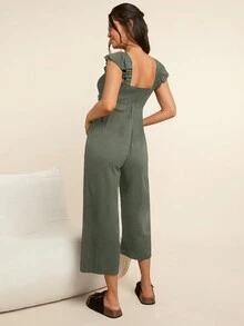 SHEIN Bộ đồ liền thân dài tay xếp nếp cổ vuông cho con bú dành cho bà bầu - xanh quân đội - Xem 2