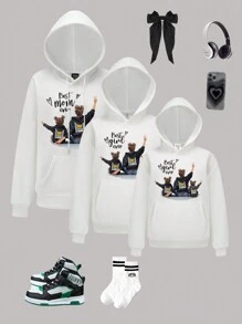 SHEIN Explorewe 1pc Little Girls' Fashionable Hooded Sweatshirt With Portrait & Letter Print And Pockets, Autumn & Winter, Family Matching Outfits Mommy And Me (Note: 3 Pieces Sold Separately)