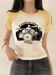 DAZY 女士圆领短袖人物与字母印花拼色紧身上衣