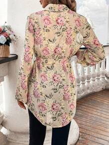 SHEIN Clasi Women Fashion Elegant Hibiscus Floral Print Shirt With Button, Long Sleeve, Waist Tie Design,Fall Clothes - Multicolor - View 2