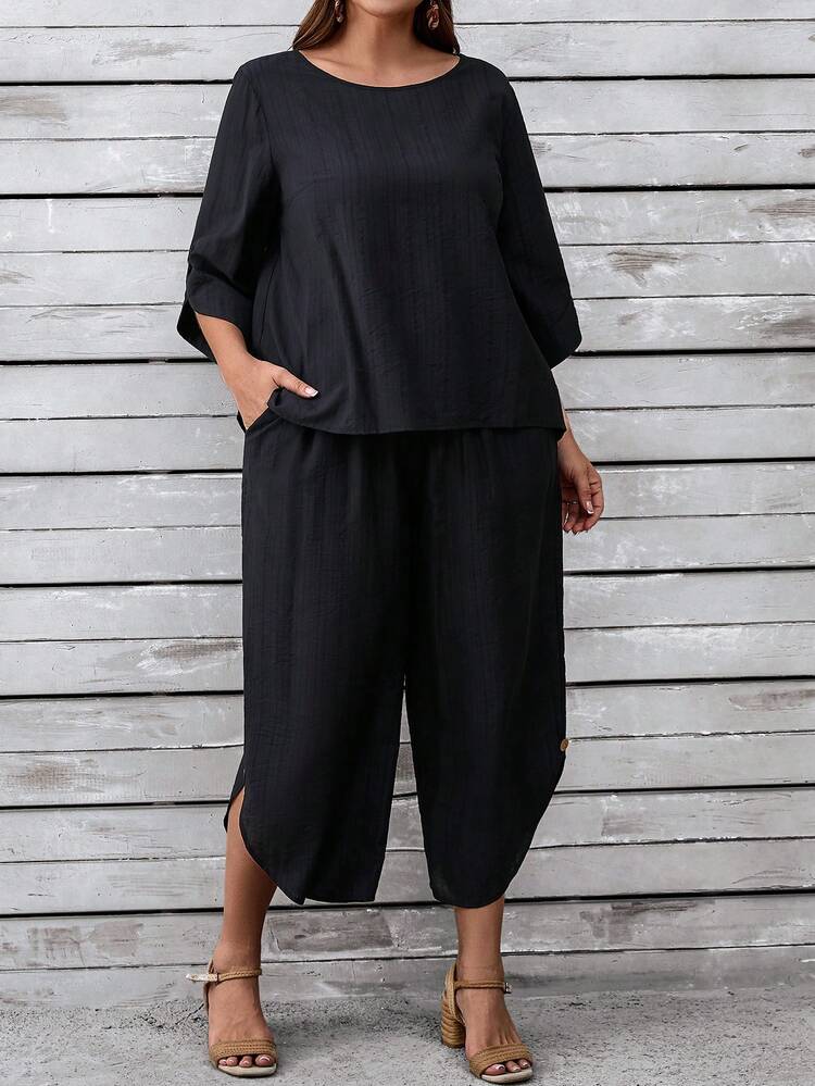 Plus Size Solid Color Long Sleeve Shirt And Pants Set, Casual Vacation Outfit