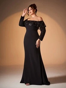 Plus Size Mgiacy Off-Shoulder Long Sleeve Ruffled Sequin Embroidered Lace Patchwork Mermaid Dress, Formal Evening Prom Gown, For Wedding Guest, Graduation, Dinner