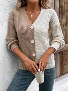 SHEIN LUNE Color Block Button-Up Casual Long Sleeve Cardigan