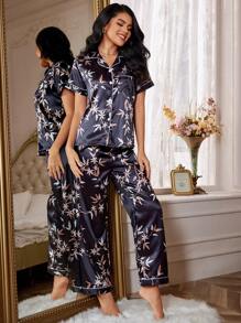 Color Block Trimmed Silk-Like Print Pajama Set With Lapel Collar - Black - View 3