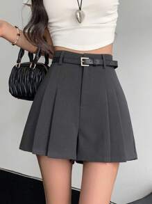 女士纯色褶皱休闲短裤，简约设计，适合日常通勤 - 深灰色 - 查看 1