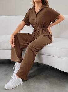 Mulvari Women Summer Drop Shoulder Solid Color Blouse And Wide Leg Jumpsuit - Coffee Brown - View 5
