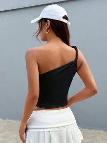 SHEIN EZwear Top asimmetrico senza maniche di colore unito, indossabile casualmente tutti i giorni - nero - Visualizzare 2