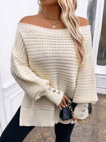 SHEIN LUNE Plus Size Women's Solid Color Asymmetrical Neck Lantern Sleeve Loose Casual Pullover Sweater For Winter Knit Pullover Fall - Apricot - View 5