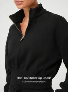 GLOWMODE Everyday Fleece Stand-Up Collar Half-Zip Corset Long Sleeve Sweatshirt Daily Casual Fall Winter - Black - View 3