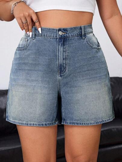 SHEIN ICON 大尺寸夏季休閒水洗牛仔短褲