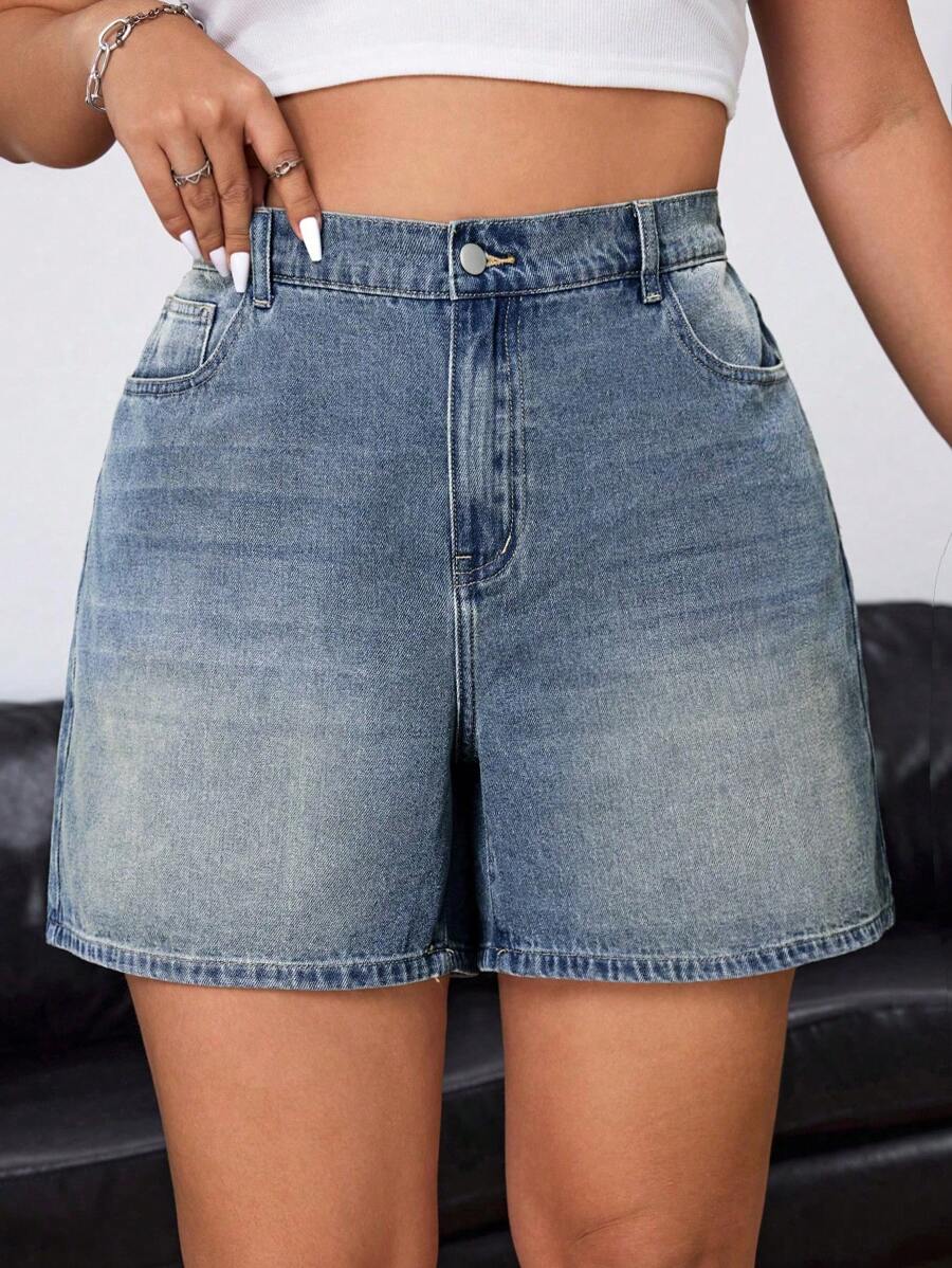 SHEIN ICON 大尺寸夏季休閒水洗牛仔短褲 - 中等水洗藍 - 查看 1