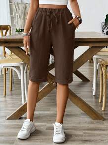 Breezaya 5-Point Linen Touch Elastic Waist Summer Casual Shorts - Coffee Brown - View 6