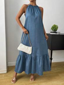 SHEIN Unity Solid Ruffle Hem Halter Dress Without Belt