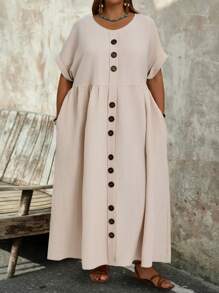 SHEIN CURVE+ Plus Size Nữ Cổ Tròn Nút Đơn Giản Mùa Hè Ngắn Tay Dài Đầm Vải Lanh Có Túi - Màu Khaki - Xem 3
