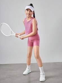 SHEIN 3 chiếc Tween Girls Áo dệt kim rắn & Áo ba lỗ lưới & Quần short thường ngày - Hồng - Xem 3