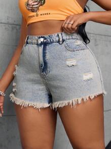 SHEIN SXY Plus size hoog getailleerde A-lijn noodlijdende denim shorts met gerafelde zoom