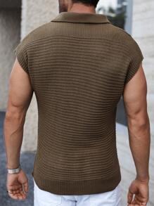 Manfinity Homme 男士纯色 Polo 领蝙蝠袖短袖休闲针织毛衣背心，夏季 - 軍綠色 - 查看 2