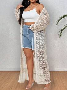 SHEIN CURVE+ Plus Pointelle Knit Cardigan, Spring Break - Apricot - View 6