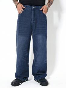 Chillumni 宽松男士斜口袋深色洗水牛仔裤，男士宽松牛仔裤 - 深色水洗藍 - 查看 5