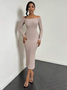 VaVaBold Vestido con hombros descubiertos, espalda con cortes y abertura lateral, manga larga, unicolor y sexy para mujer