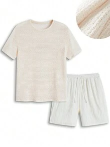 Manfinity VCAY Heren gebreid bijpassend casual T-shirt met ronde hals, korte mouwen en rechte casual shorts, 2 stuks, zomer