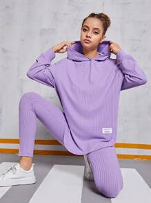 SHEIN Áo hoodie dệt kim có gân và quần dài hai mảnh thông thường cho các cô gái tuổi teen - Màu tím hoa cà - Xem 5