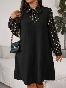 SHEIN Clasi Vestido casual de manga larga con estampado de lunares y decoración de moño para mujeres de talla grande