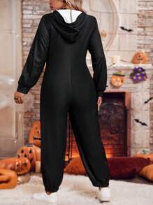 SHEIN LUNE 大码女式骷髅印花连体裤，日常休闲装 - 黑與白 - 查看 2