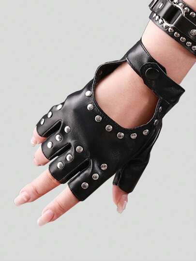 Grunge Punk Ladies PU Leather Rivet Black Y2K Five Fingers Gloves