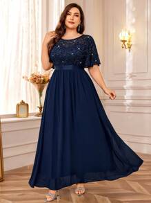 Plus Size Sequin Floral Lace Butterfly Sleeve Chiffon Pleated Hem Evening Party Long Dress Elegant Summer - Navy Blue - View 6