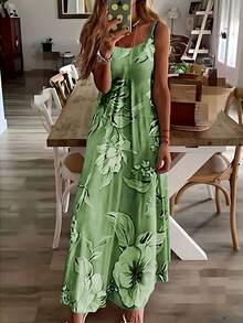 SHEIN Clasi Women's Summer Floral Print Maxi Sleeveless Casual Dress For Vacation - Mint Green - View 3