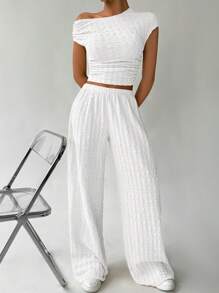 SHEIN EZwear 女士休闲纯色纹理不对称褶皱短款上衣和阔腿裤 2 件套，夏季 - 白色 - 查看 3