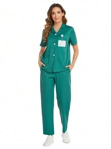 純色西裝領前扣短袖上衣和彈性腰帶有口袋的褲子套裝，護士制服套裝 - 綠色 - 查看 5