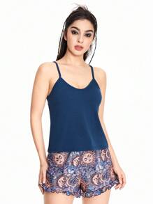 ROMWE Fairycore Bộ đồ ngủ in họa tiết áo dây mảnh phong cách Hippie dành cho nữ và quần short viền bèo nhún - Nhiều màu - Xem 6