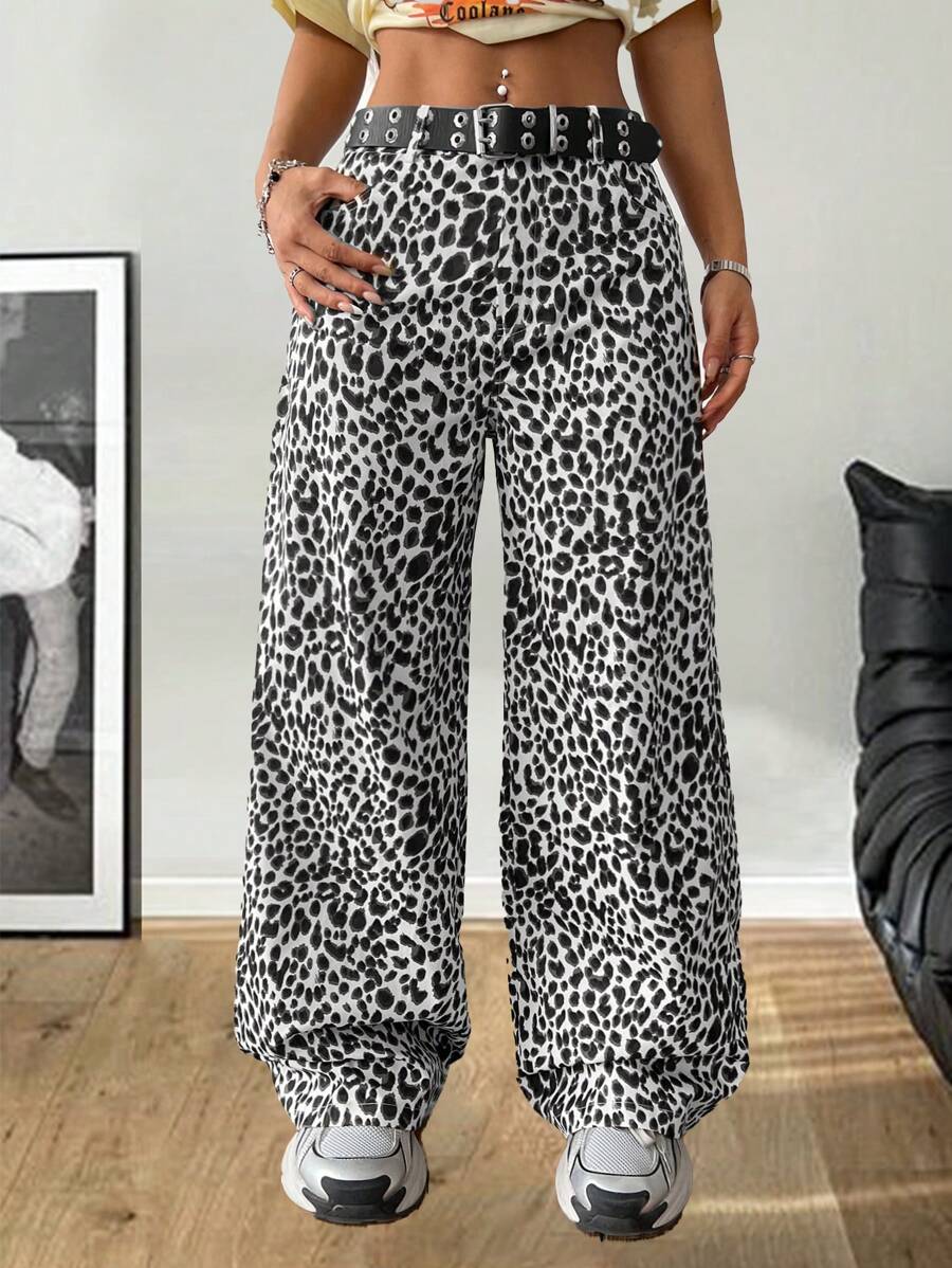 SHEIN EZwear Women's Spring And Summer Rapper Leopard Print Wide Leg Pants,Back To School Clothes - Grey - View 1