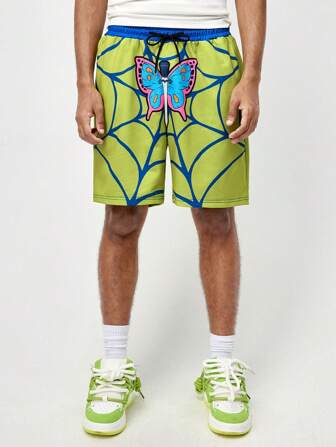 ROMWE Avant Pantalones cortos con cintura con cordón y estampado de mariposa para hombres, primavera/verano, escuela