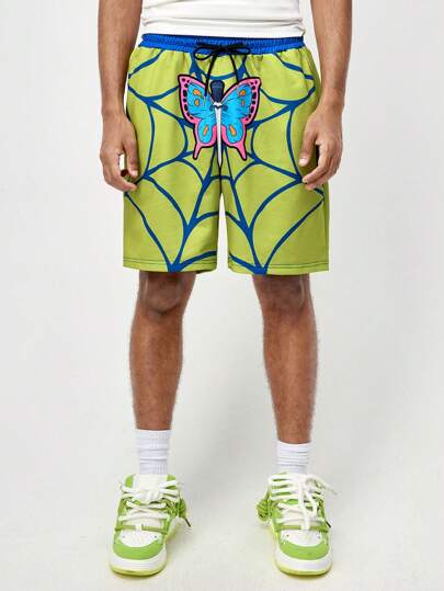 ROMWE Avant Men's Butterfly Printed Drawstring Waist Shorts, Spring/Summer, School