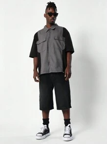 SUMWON Camisa jeans de sarja com blocos de cores e manga curta de ajuste regular - Preto - Ver 4