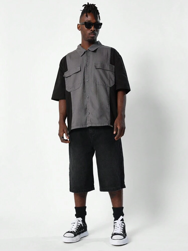 Regular Fit Short Sleeve Colour Block Twill Denim Shirt