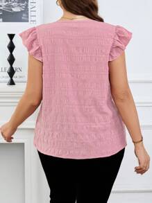 SHEIN Clasi Plus Size Women's Summer Solid V-Neck Ruffle Sleeve Casual Light Pink Shirt Blouse