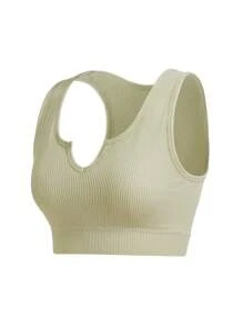Casual Solid Color Notched Neck Seamless Cropped Tank Top, Summer