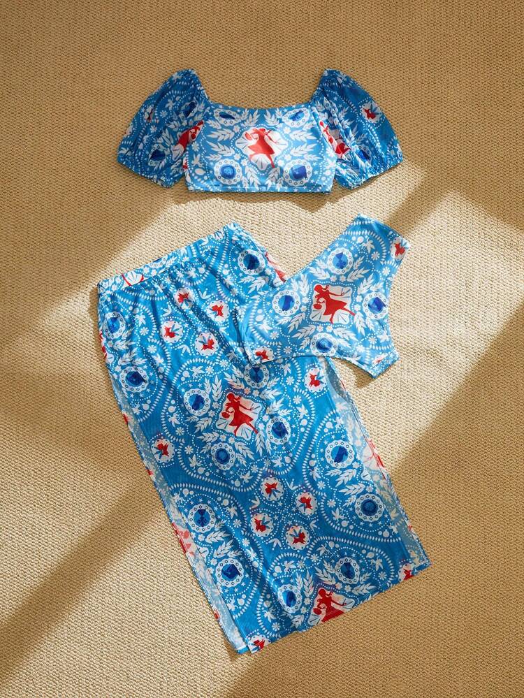 Plus Size 3pcs/Set Women Blue Cute Puff Sleeve Tops, Pants, Beach Dress & Bikini Swimwear Set, Casual & Comfortable