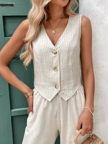 SHEIN Frenchy 亚麻条纹背心女士衬衫 V 领背心 条纹亚麻面料 V 领背心 秋季服装通勤简约办公室老款简约 - 杏色 - 查看 5