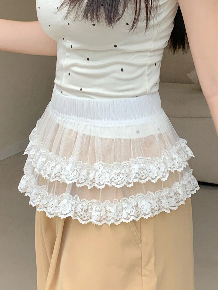 Women Plain Elegant Daily Lace Decor Pleated A-Line Skirt