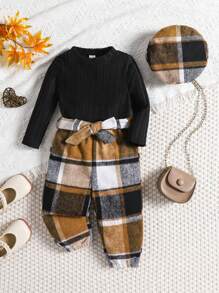 3 件套女婴可爱针织长袖毛衣、格子裤和帽子套装，秋冬季，适合圣诞节 - 黑色 - 查看 1