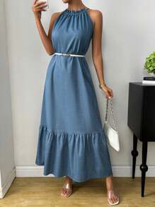 SHEIN Unity Solid Ruffle Hem Halter Dress Without Belt