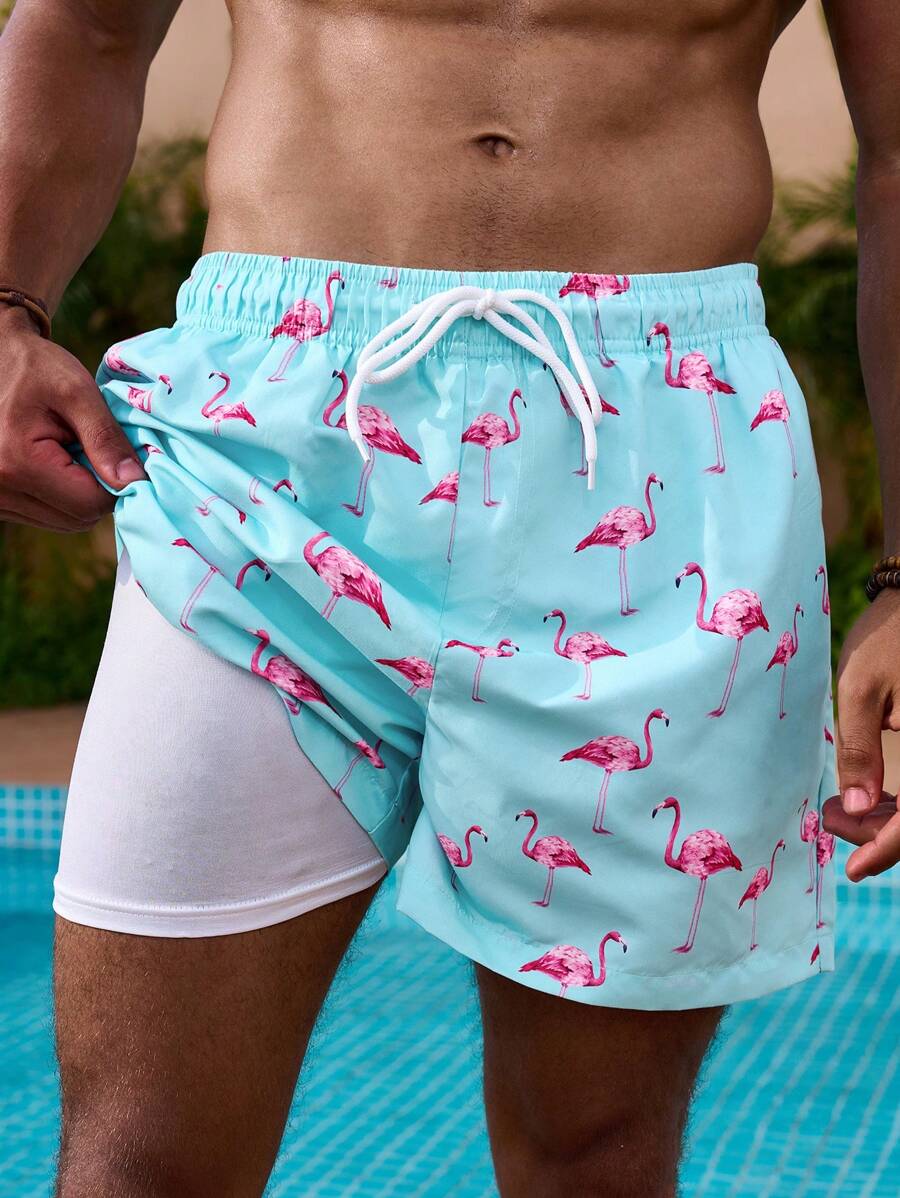 Manfinity Swimmode Men's Swim Trunks Drawstring Waist Front Tie Pocket Lightweight 4-Way Stretch Lightweight 4-Way Stretch Flamingo Prints Beach Vacation Hawaiian - Green - View 1