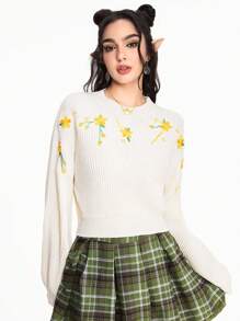 Fairycore Countryside Embroidered Cropped Pullover Sweater - Apricot - View 5